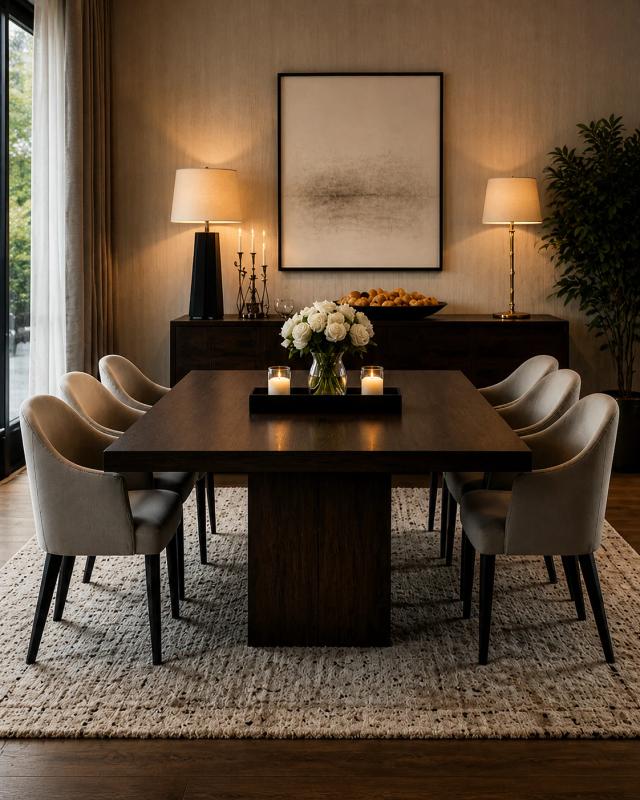 Modern Wooden Dining Table Set with Upholstered Chairs – Dark Walnut Finish