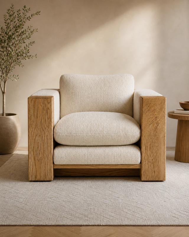Modern Wooden Lounge Armchair – Beige Finish