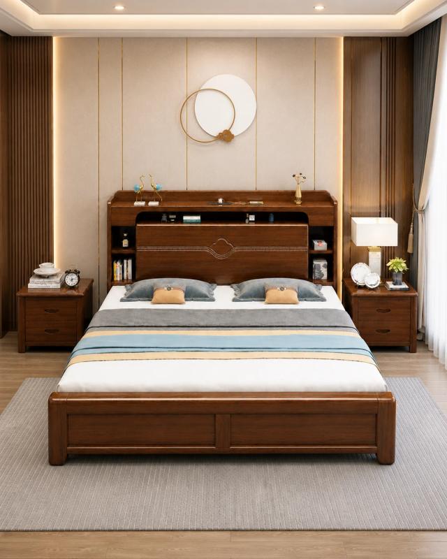 Premium Walnut Bed with Storage Headboard