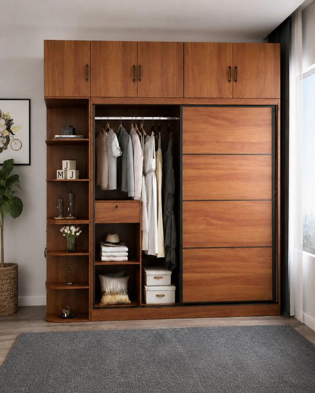Modern Wooden Wardrobe with Sliding Door & Storage Shelves