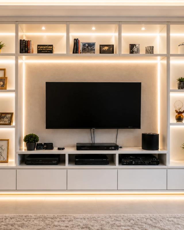 Modern LED TV Panel Unit with Storage Shelves – White Finish