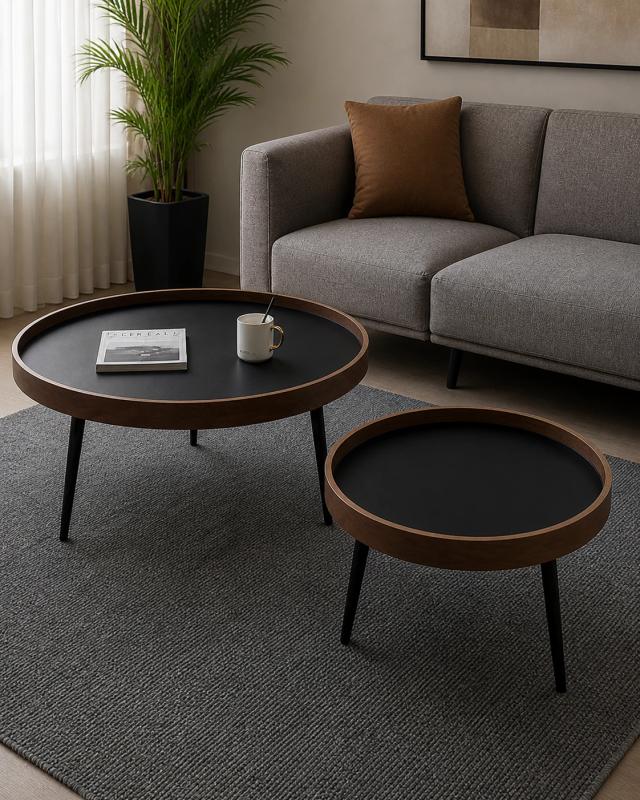 Modern Round Coffee Table – Walnut & Black Finish